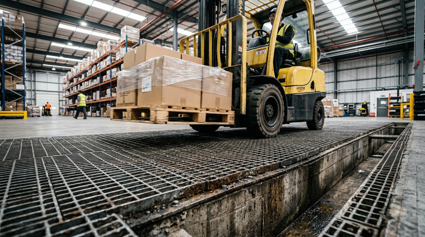 Ağır hizmet ızgaraları üzerinde hareket eden endüstriyel forklift